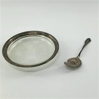 Sterling silver rimmed glass dish with jam spoon