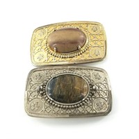 2 Belt buckles, silver tone with large stone cente