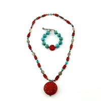 Turquoise and coral bead necklace and bracelet set