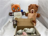 Plastic Doll Dishes & 2-Stuffed Teddy Bears