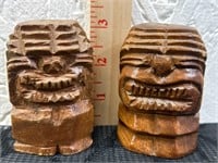 Vintage Hand Carved Wood Tiki Design S&P