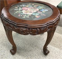 Carved Wooden Table w/Glass Top (22" diam. x