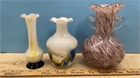3 Unmarked Art Glass Vases (6.5" To 8"H)