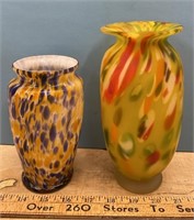 2 Unmarked Art Glass Vases (6" & 8"H)