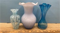 3 Unmarked Art Glass Vases (6" To 8"H)