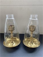 Pr Fancy Brass Candleholders w/Glass Shades