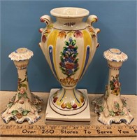 Ceramic Vase (10.5"H) and Candlesticks (7.5"H).