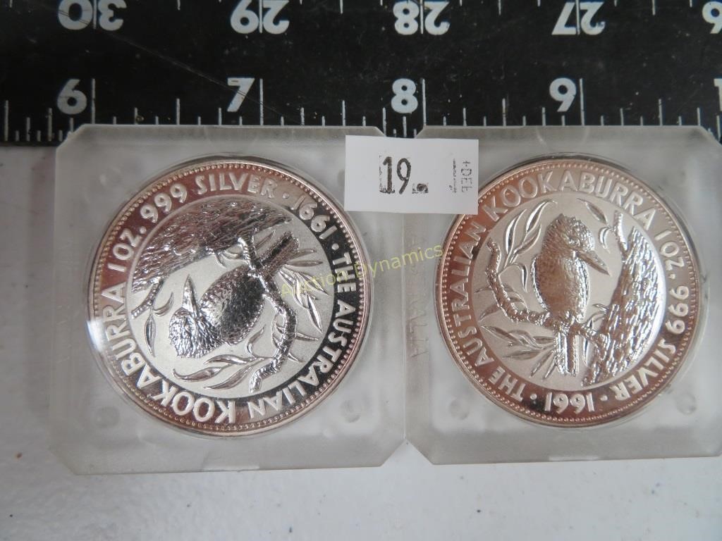 Two, 1991 1 oz. Silver Austrailian $5 Kookaburra
