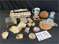 Jewelry box, sea shells, etc.
