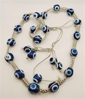 (JL) Blue Art Glass Bead Macrame Necklace (38"