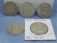 4 Franklin, Kennedy Silver Half Dollars 90% Silver