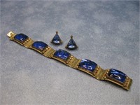 S.S. Blue Glass Bracelet/ Earrings Hallmarked
