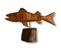 Vintage Hand Carved Wooden Fish on Stand