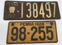 lot of 2 PA License Plates 1917 & 1928