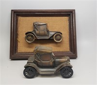 Antique Car Metal Bank and Framed Model