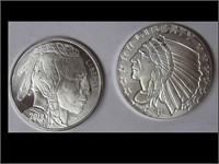 TWO 1 OZ SILVER ROUNDS - INDIAN/BUFFALO & INDIAN/