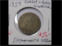 1854 SEATED LIBERTY QUARTER W/ AROWS AT DATE