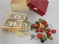VINTAGE MONOPOLY MONEY AND GAME PIECES
