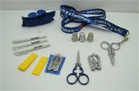 Sewing Lot: Scissors, Thimbles, Pin Cushion, Pens