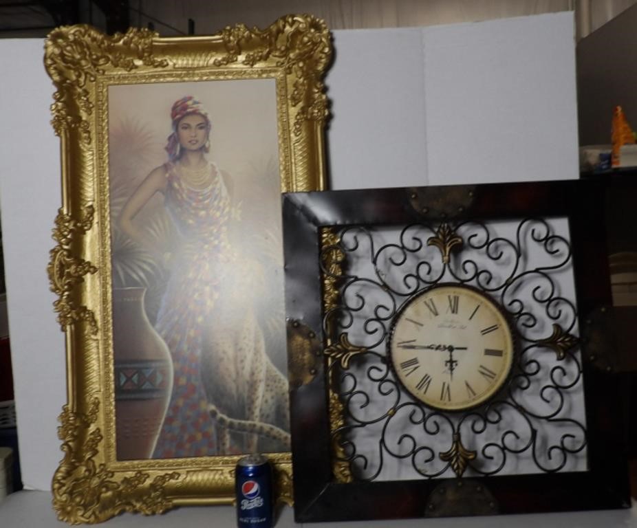 LARGE GOLD FRAME PICTURE AND CLOCK