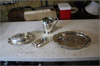 Silver plated platter, teapot, butter dish, bowl