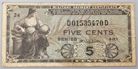 Series 481 5 Cent Military Payment Certificate