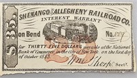 1883 Shenango Allegheny RR $35 Bond Warrant