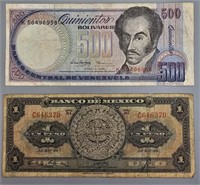 Venezuela Bolivares Note & Mexico Peso Note