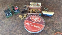 Assorted buttons, thermometer, misc collector