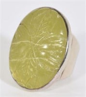 Large Sterling Silver Carved Jade Ring.