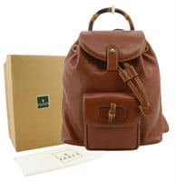Gucci Brown Leather Bamboo Handle Backpack