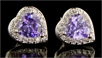 Amethyst & White Topaz Halo Heart Stud Earrings