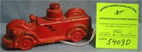 Great early painted glass fire truck candy contain