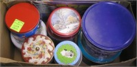 Large box of vintage holiday tins and more