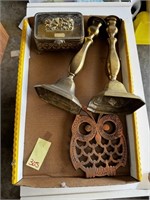 Brass Candle Sticks, Trinket Box & Owl Hot Plate