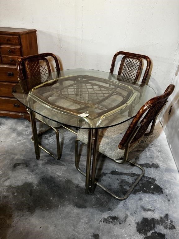 Rattan Glass Top Table & 3 Chairs