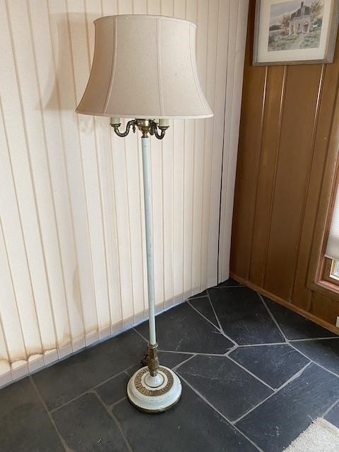 Antique Floor Lamp 4 Bulb, Milk Glass & Fabric