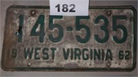 1962 WEST VIRGINIA LICENSE PLATE