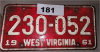 1961 WEST VIRGINIA LICENSE PLATE