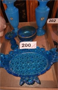 LOT BLUE GLASS ITEMS- VASES- DAISY BUTTON DISH