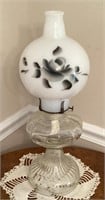 Oil lamp with hand painted milk glass chimney
