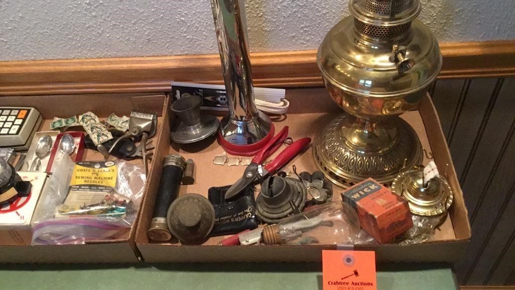2 boxes collectibles, B&H metal oil lamp etc