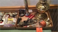 2 boxes collectibles, B&H metal oil lamp etc