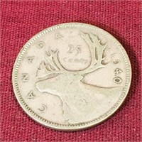 Silver 1940 Canada 25 Cent Coin