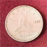 Silver 1954 Canada 10 Cent Coin