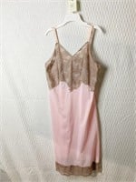 PINK NYLON AND TAUPE LACE KNEE LENGTH SLIP