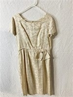 1960S EMBROIDERED TAUPE DRESS WITH BOW AT WAIST
