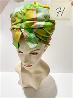 FABRIC LINED HAT GREEN PINK AND WHITE ABSTRACT