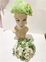 WHITE FLORAL PILLBOX HAT AND GREEN CAPULET HAT