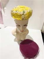 YELLOW FLORAL PILLBOX HAT AND MAROON VELVET